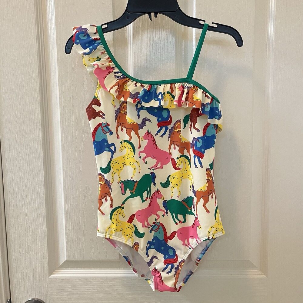 Mini Boden Rainbow Horses Lila One Shoulder Swimsuit One Piece Girls 9-10 yrs?